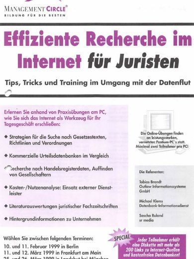 Effiziente Recherche im Internet für Juristen Seminar 1999 Cover Management Circle 